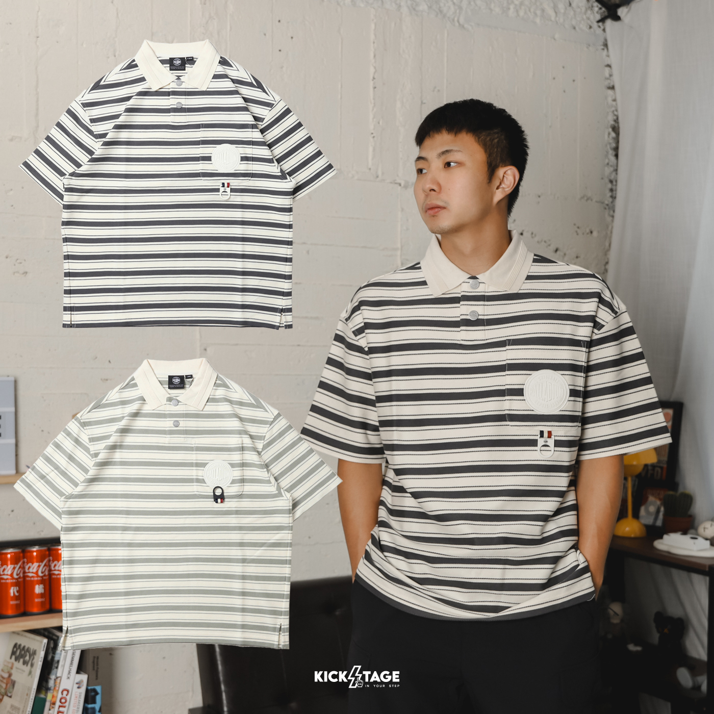 **特價商品售出無退換**男女款 PALLADIUM STRIPE POLO SHIRT 綠白 深灰白 條紋 寬鬆 POLO衫 短袖 短T【109685】