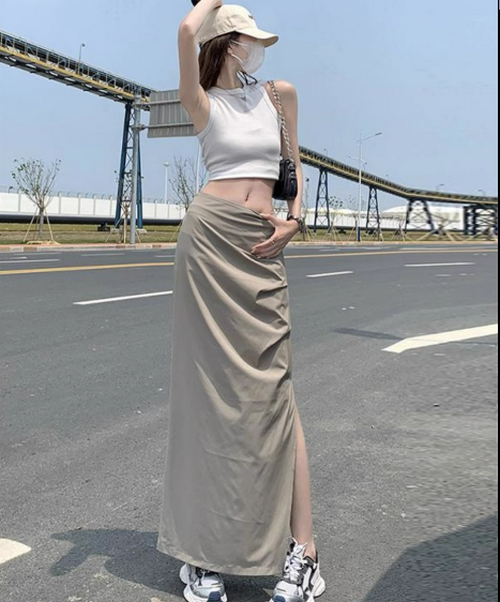 Hot selling side slit hip skirt [Apricot color] [XS-XL size] (please contact customer service to confirm the delivery size after placing the order)