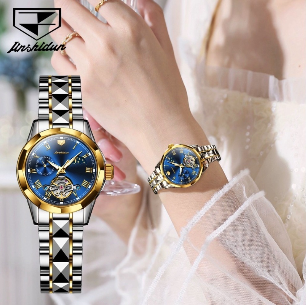 Hot Selling Gold Shield Skeleton Mechanical Watch Waterproof Ladies Watch (Blue Female Between Steel Bands)