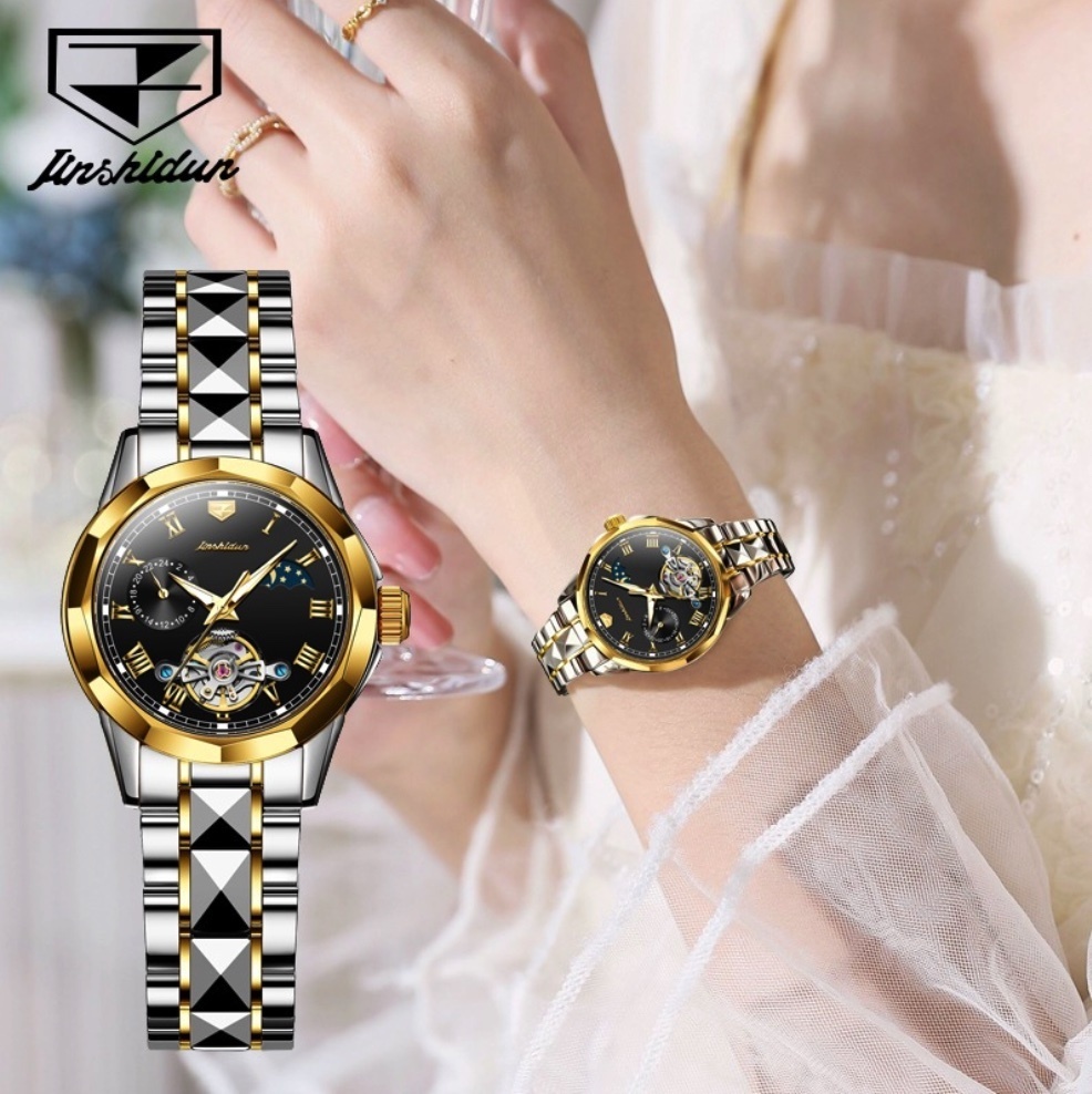 Hot Selling Gold Shield Skeleton Mechanical Watch Waterproof Women's Watch (Black Women's Between Steel Bands)