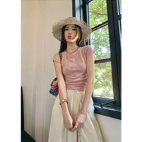 Small Flying Sleeve Round Neck Pleated Ice Silk Wool Shoulder T [Pink] [One Size]