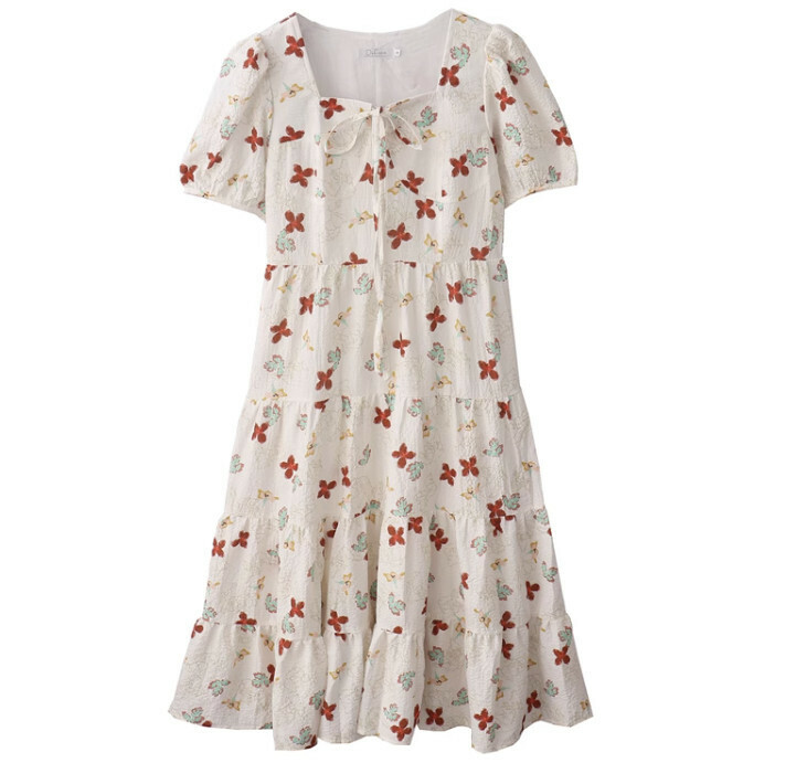 Hot Selling Floral Square Neck Dress [Red] [Size S-L] (please contact customer service to confirm the delivery size after placing the order)