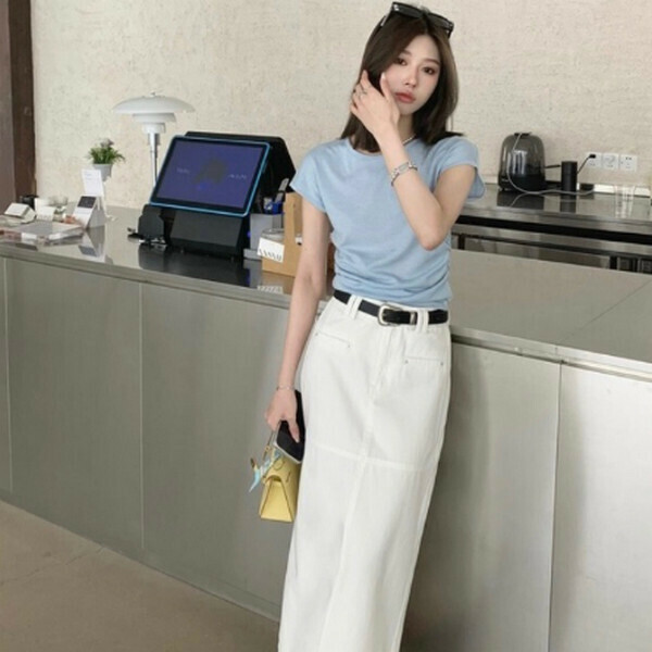 Small flying sleeve round neck pleated ice silk wool shoulder T [light blue] [one size] [one size]