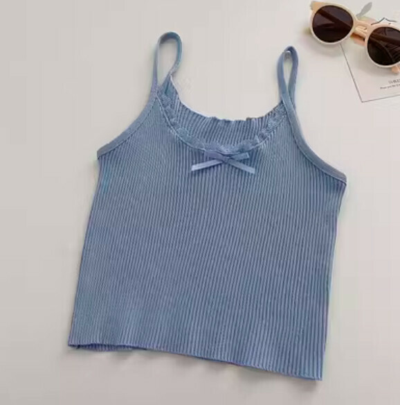Summer Bow Lace Trim Patchwork Cropped Vest (Blue) [One Size]