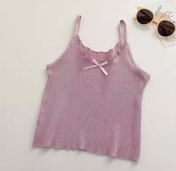 Summer Bow Lace Trim Patchwork Cropped Vest (Purple Pink) [One Size]