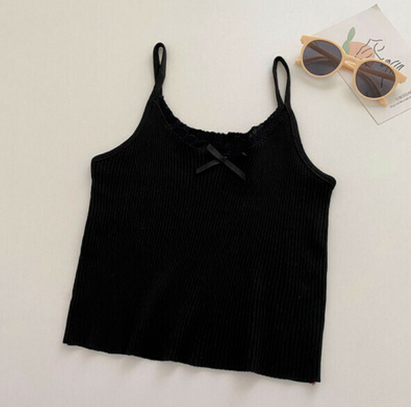 Summer Bow Lace Trim Patchwork Cropped Vest (Black) [One Size]
