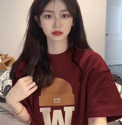 爆款純棉印花女T恤（酒紅色S-4XL下單後聯絡客服確認發貨尺碼）