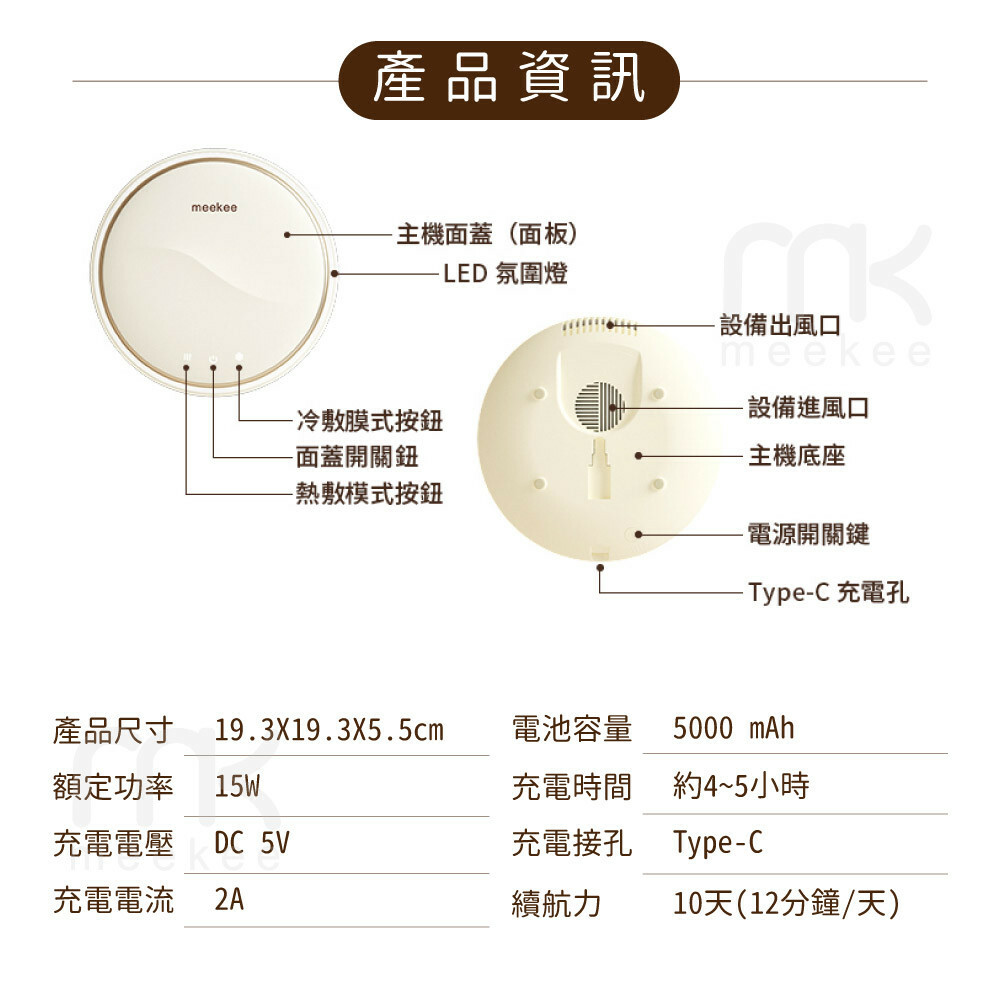 meekee產品資訊主機面蓋(面板)-冷敷膜式按-面蓋開關鈕-熱敷模式按鈕LED氛圍燈- 設備出風口meekee-設備進風口-主機底座-電源開關鍵-Type-C 充電孔產品尺寸19.3X19.3X5.5cm電池容量5000 mAh額定功率15W充電時間約4~5小時充電電壓 DC 5V充電接孔Type-C充電電流 2A續航力10天(12分鐘/天)