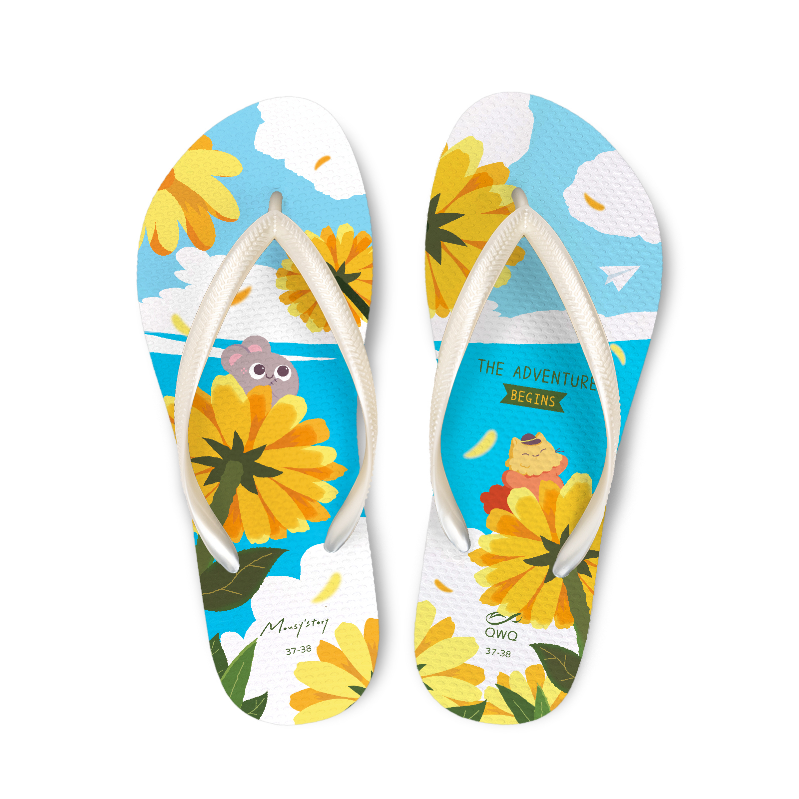 小鼠手札 雛菊 女款細帶人字夾腳拖鞋 白色