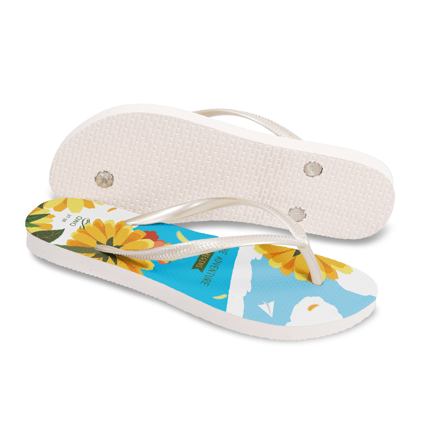 小鼠手札 雛菊 女款細帶人字夾腳拖鞋 白色