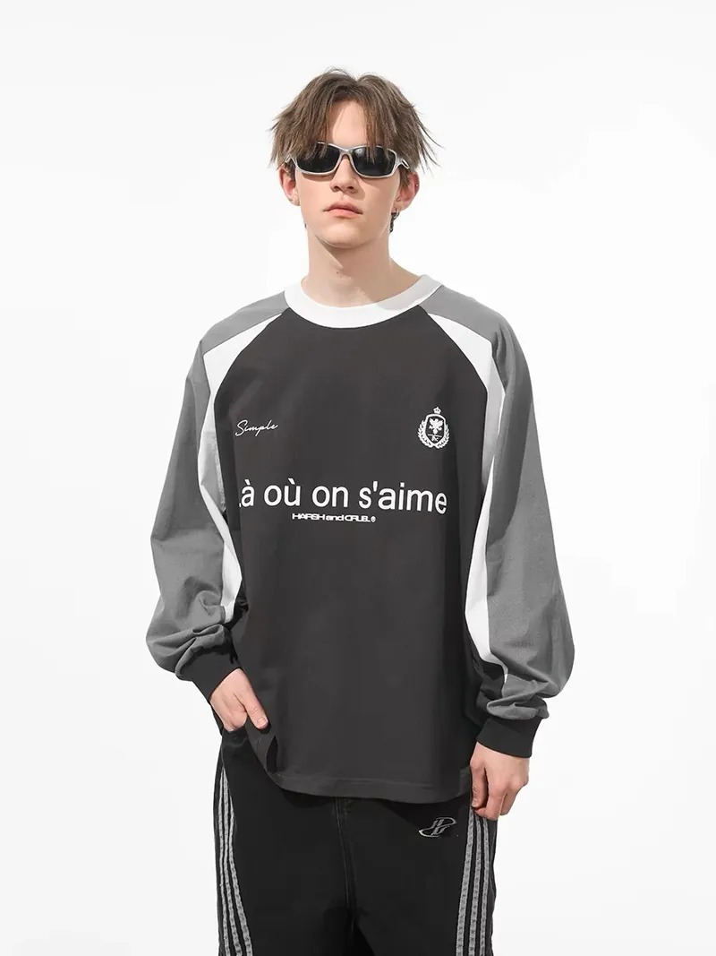 Harsh and Cruel 24SS 美式復古運動撞色拼接插肩長袖 HL241020054