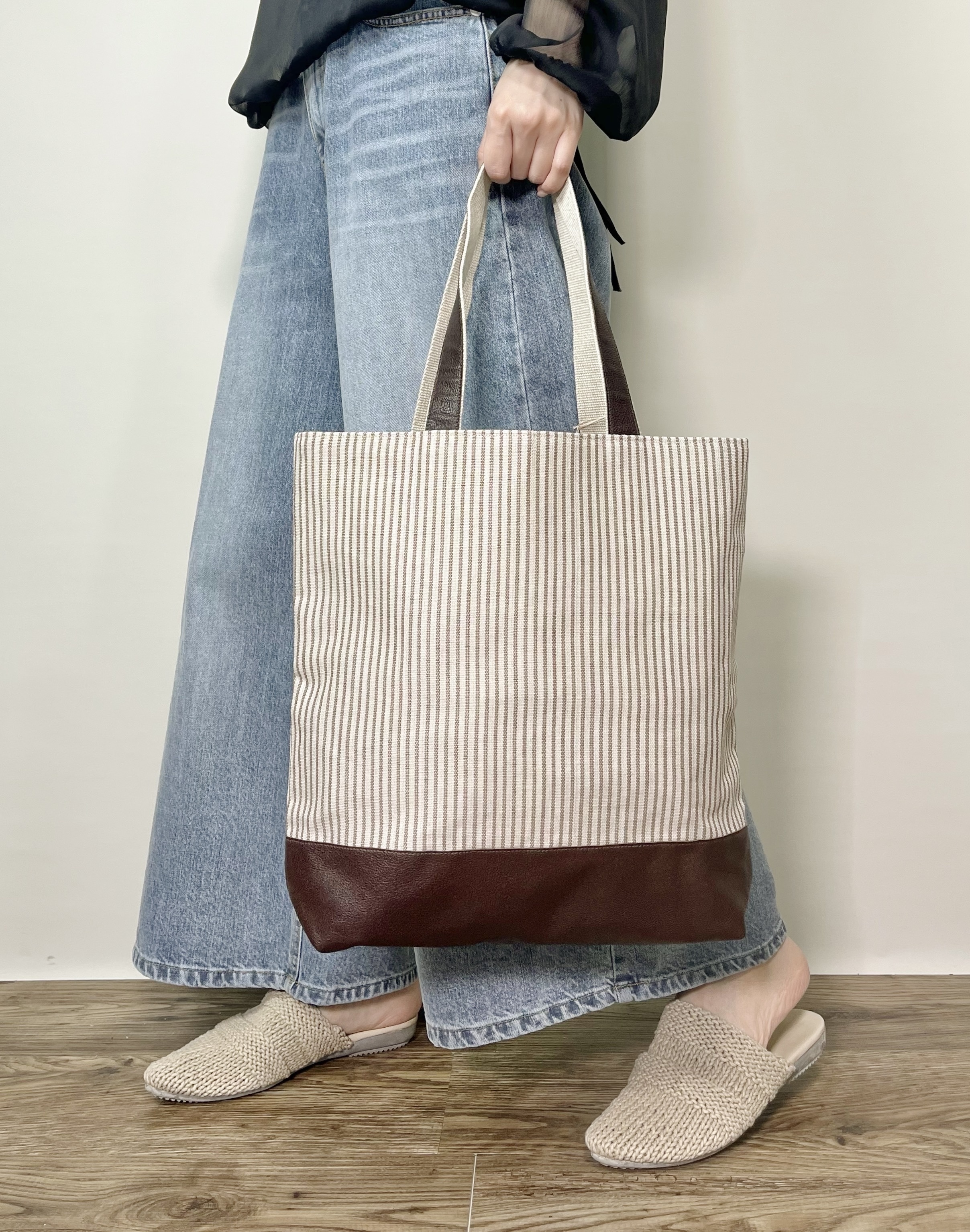 🌱條子麻布真皮袋