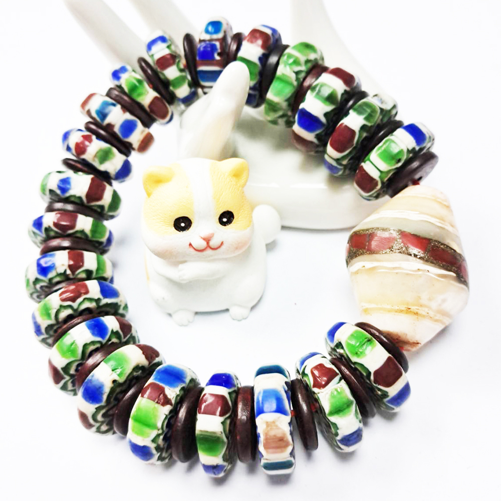 老硨磲天珠&雪芙蘭老琉璃手鍊【十方】129488