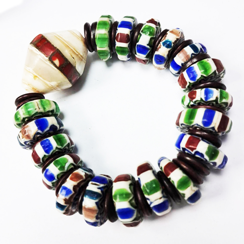 老硨磲天珠&雪芙蘭老琉璃手鍊【十方】129489