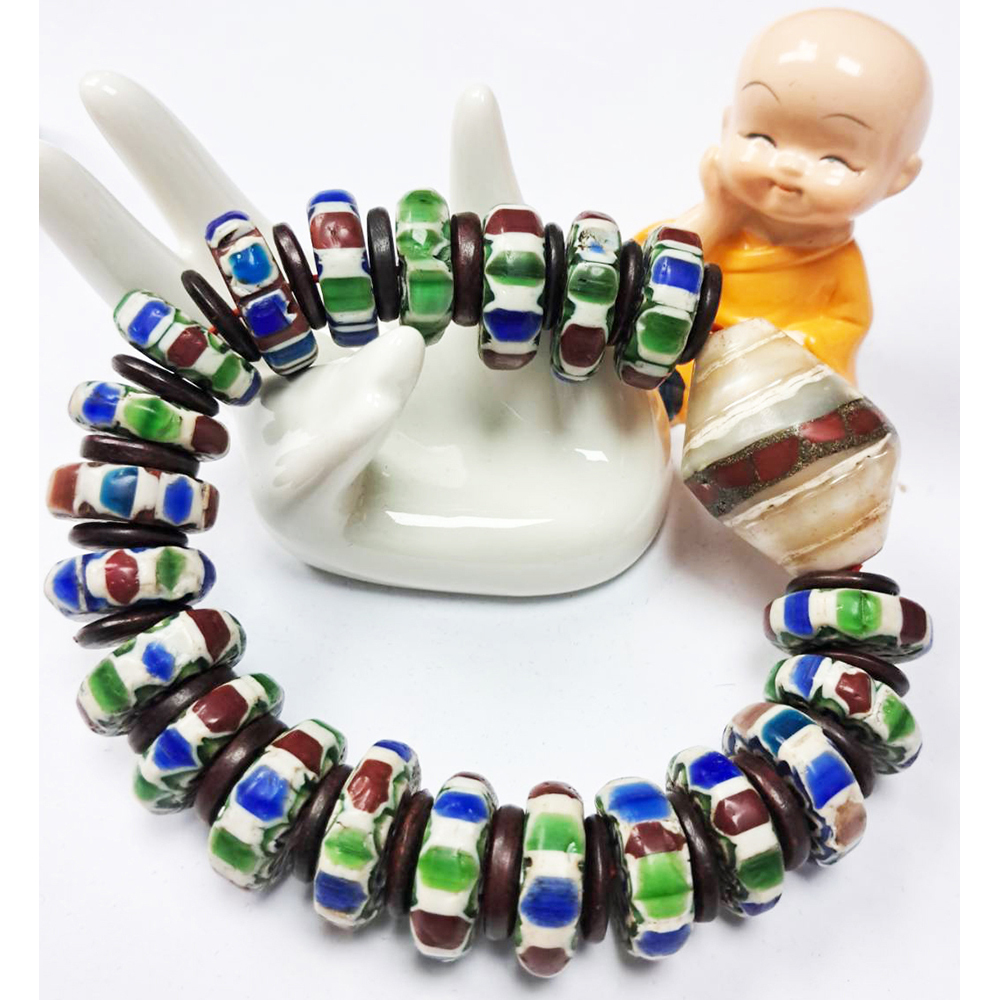 老硨磲天珠&雪芙蘭老琉璃手鍊【十方】129489