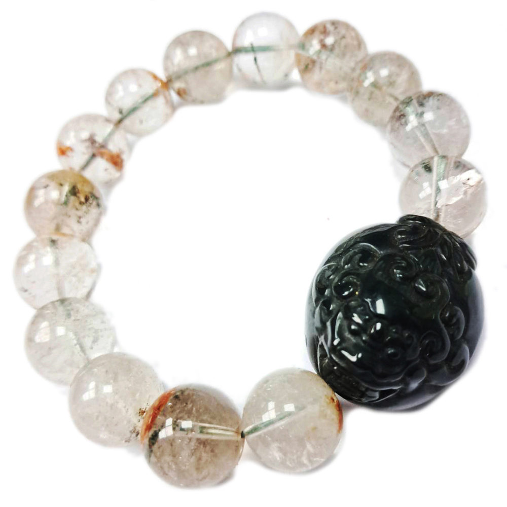 龍龜{黑曜岩}綠幽靈水晶手珠13mm【十方】133069