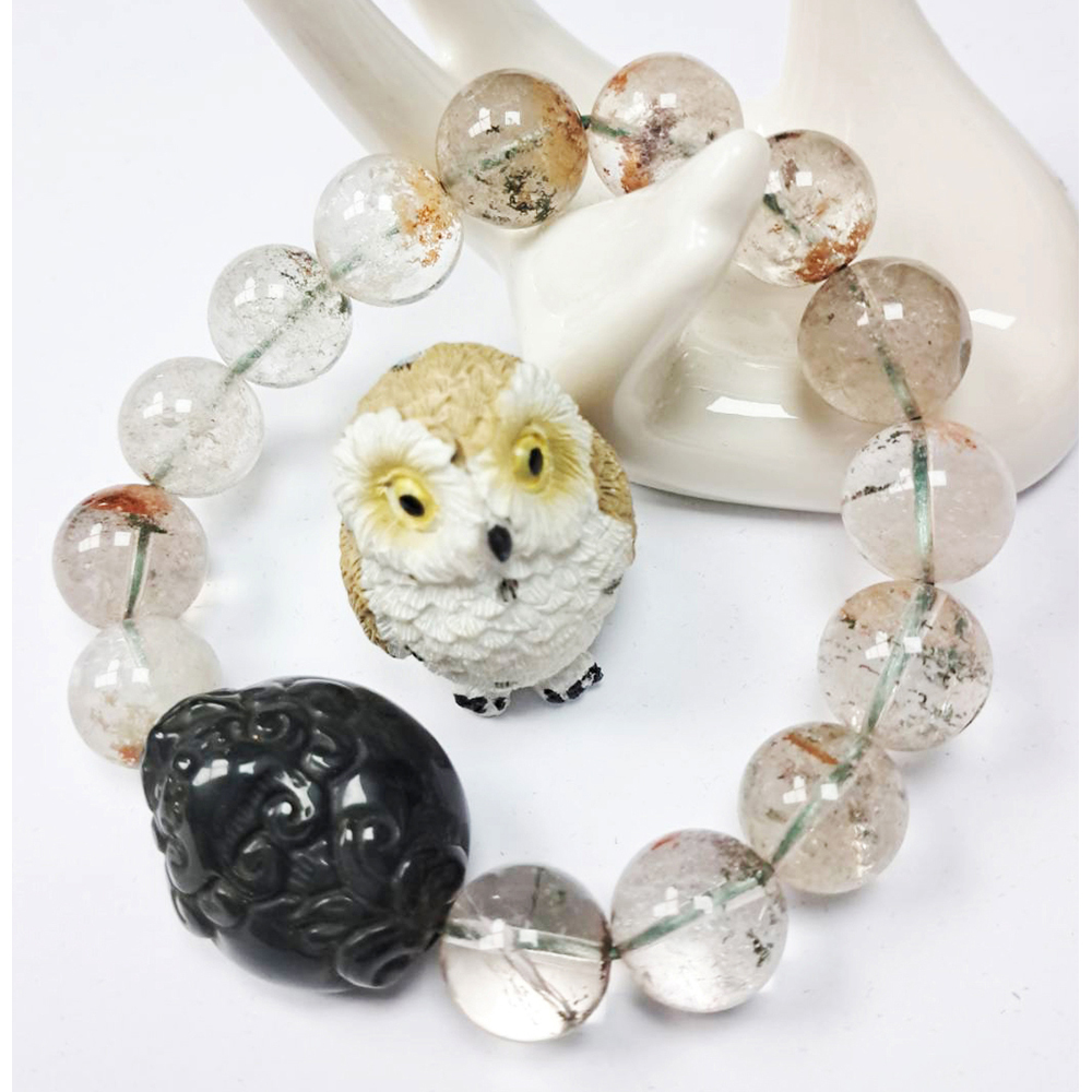 龍龜{黑曜岩}綠幽靈水晶手珠13mm【十方】133069