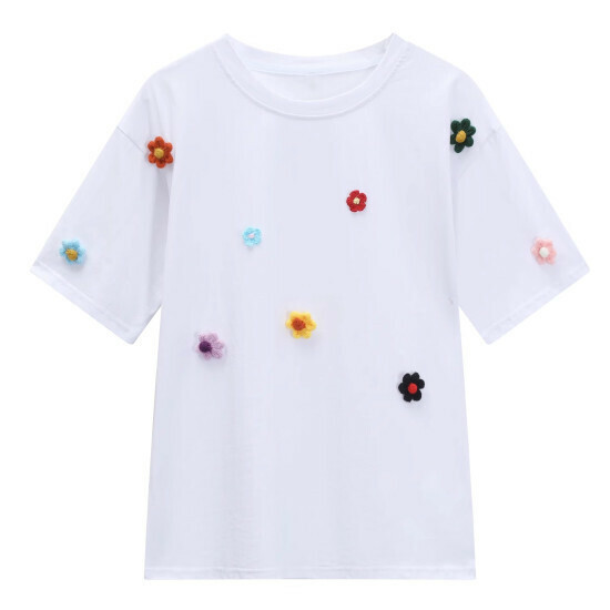 Hot selling loose round neck floral short-sleeved T-shirt (white) (S-2XL size) (contact customer service after placing the order to confirm the delivery size)
