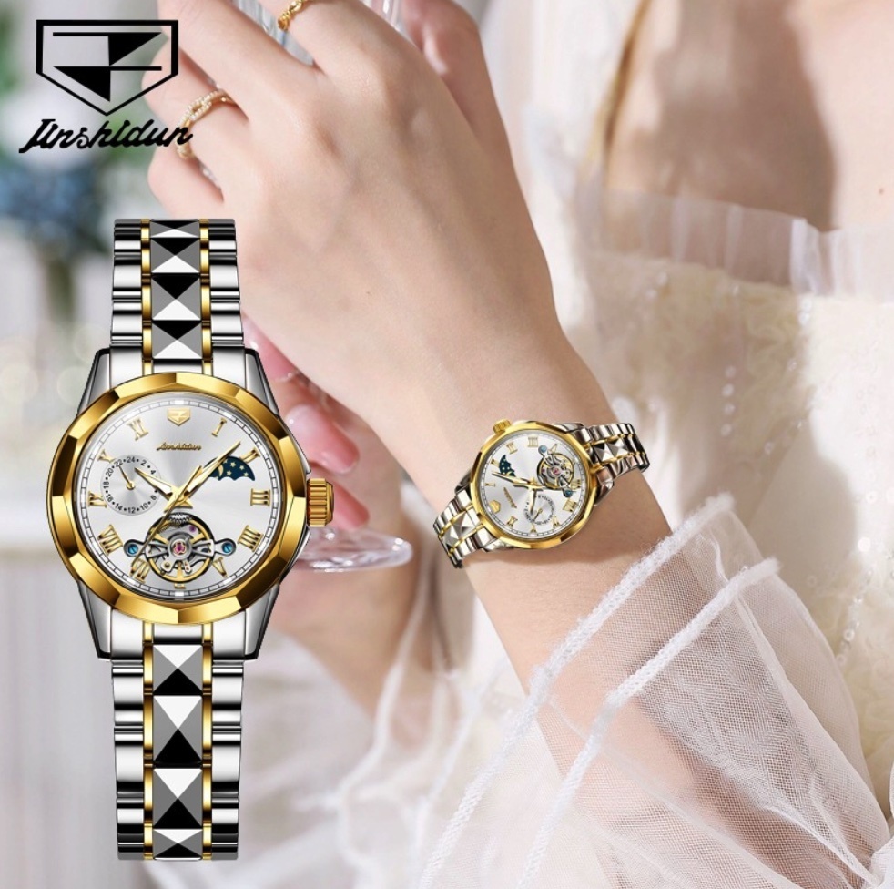 Hot Selling Gold Shield Skeleton Mechanical Watch Waterproof Ladies Watch (White Female Between Steel Bands)