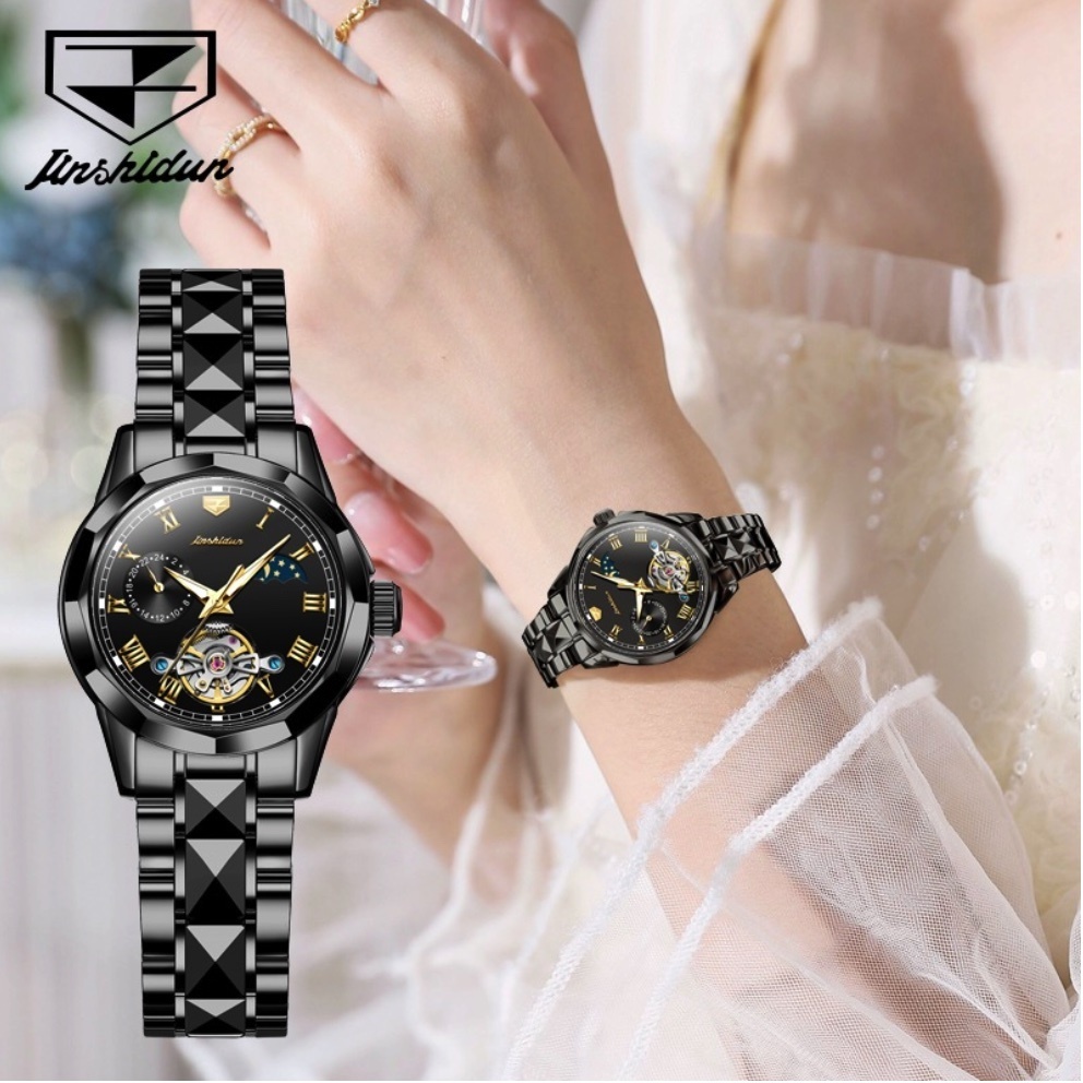 Hot Selling Gold Shield Skeleton Mechanical Watch Waterproof Women's Watch (Steel Band All Black Women)