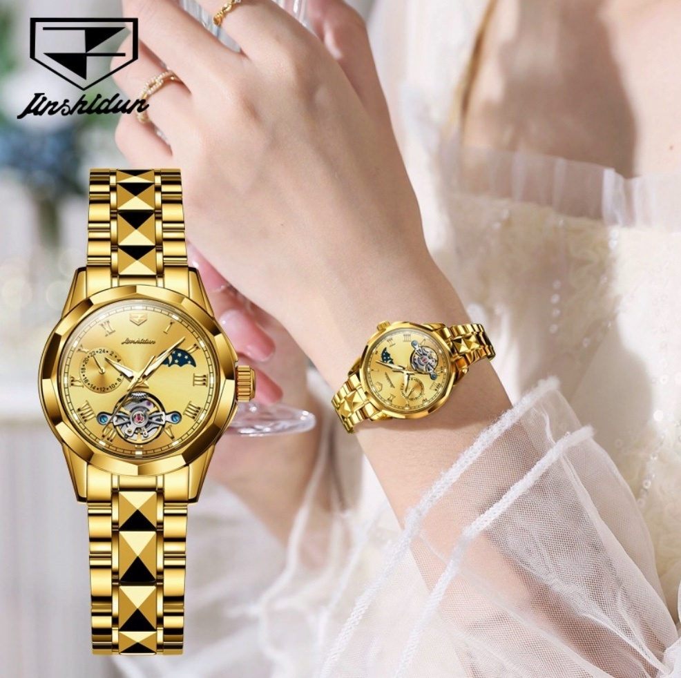 Hot Selling Gold Shield Skeleton Mechanical Watch Waterproof Women's Watch (Steel Strap Full Gold Women's)