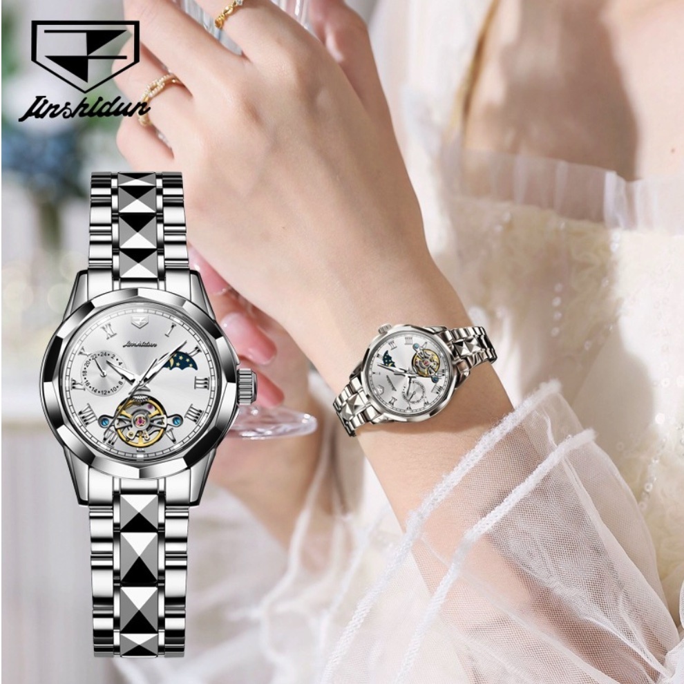 Hot Selling Gold Shield Skeleton Mechanical Watch Waterproof Ladies Watch (Steel Strap Original White Female)