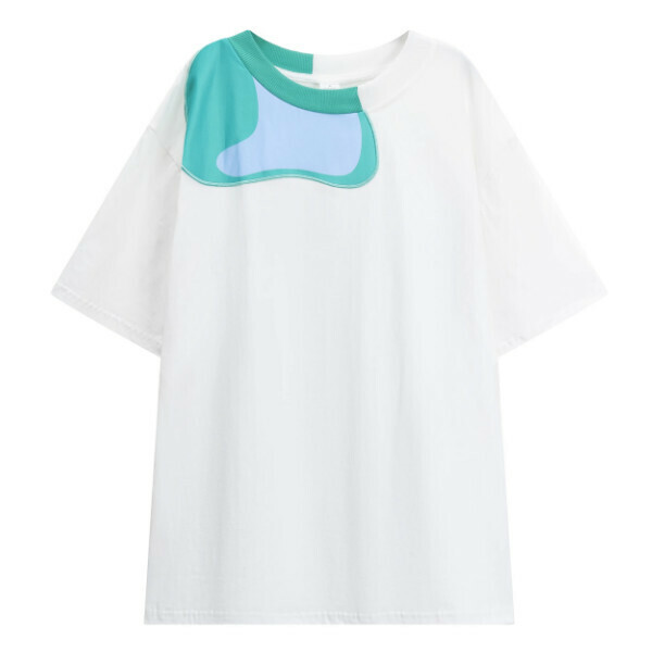 Hot selling irregular splicing contrasting color round neck T-shirt (white) (M-2XL size) (contact customer service after placing the order to confirm the delivery size)