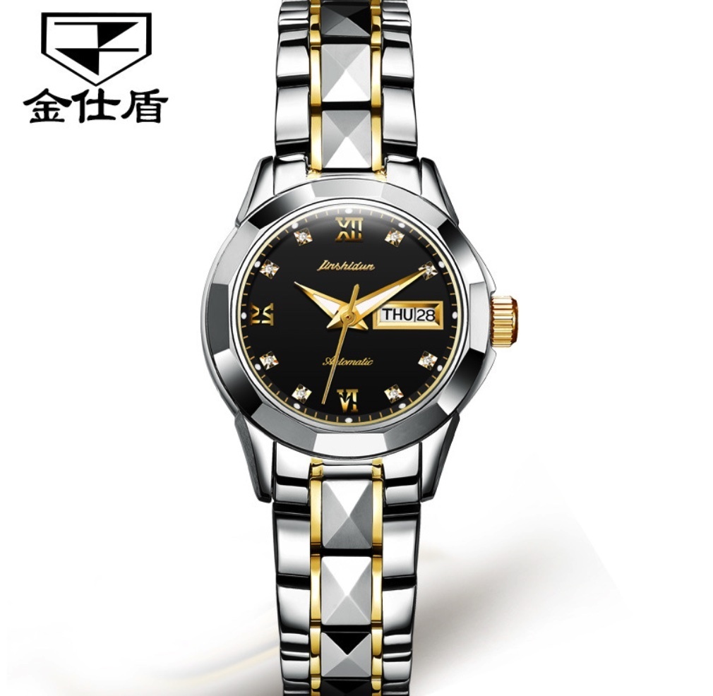 Hot selling Jinshi Shield fully automatic mechanical watch for women (black women's watch between steel bands)