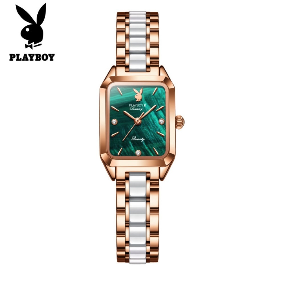 Hot selling playboy niche women's watch (ceramic with rose shell and green face for women)