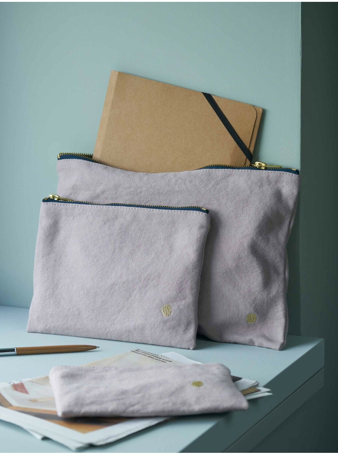 法國La cerise sur le gâteau 有機棉防水分類收納袋-淺灰紫(中)