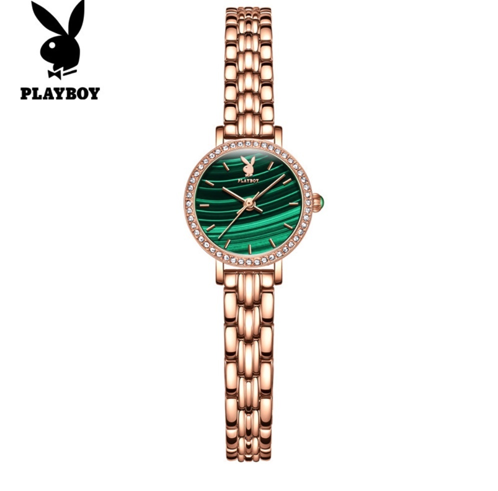 Hot selling playboy quartz watch for women (rose steel, rose shell, green face for women)