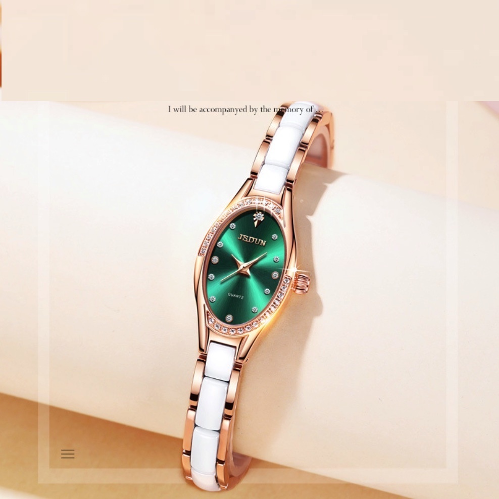 Hot Selling Gold Shield Quartz Movement Waterproof Ladies Watch (Ceramic Rose Shell Green Side)