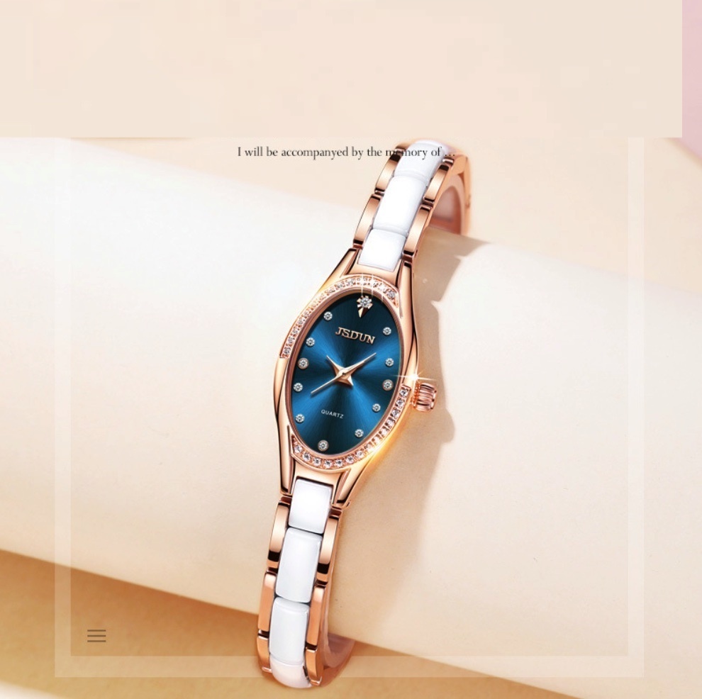 Hot Selling Gold Shield Quartz Movement Waterproof Ladies Watch (Ceramic Rose Shell Blue Face)