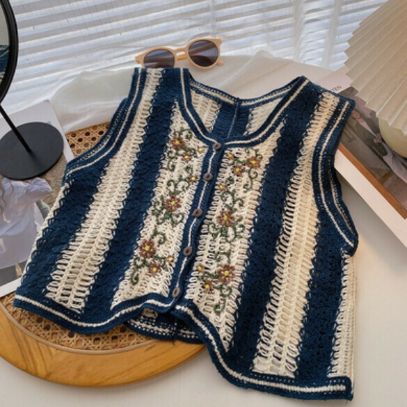 Vintage color-block embroidery cropped V-neck vest (blue) [one size]