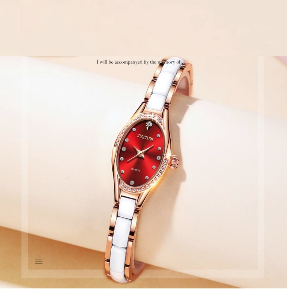 Hot selling gold shield quartz movement waterproof ladies watch (ceramic rose shell red face)