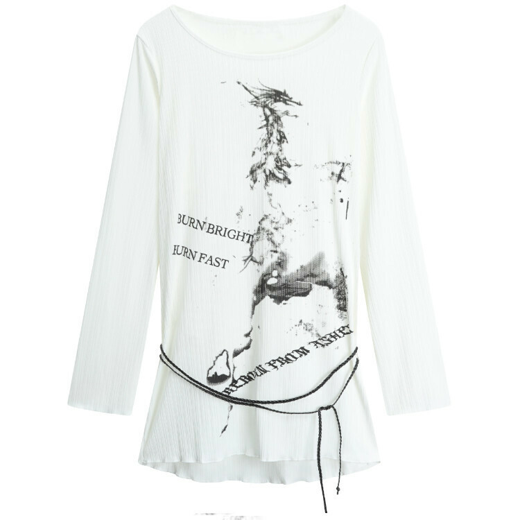 Hot selling mid-length long-sleeved printed bottoming skirt (white) (S/M size) (contact customer service after placing the order to confirm the delivery size)