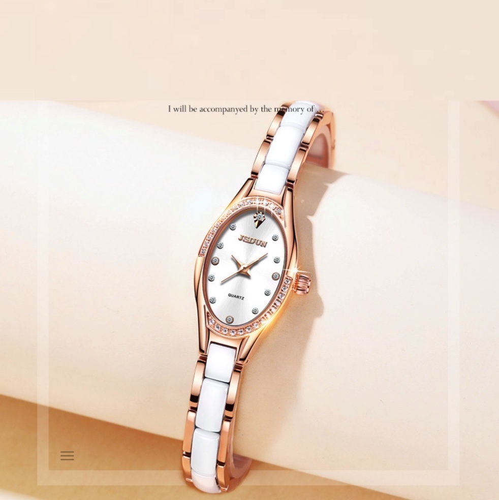 Hot Selling Gold Shield Quartz Movement Waterproof Ladies Watch (Ceramic Rose Shell White Face)