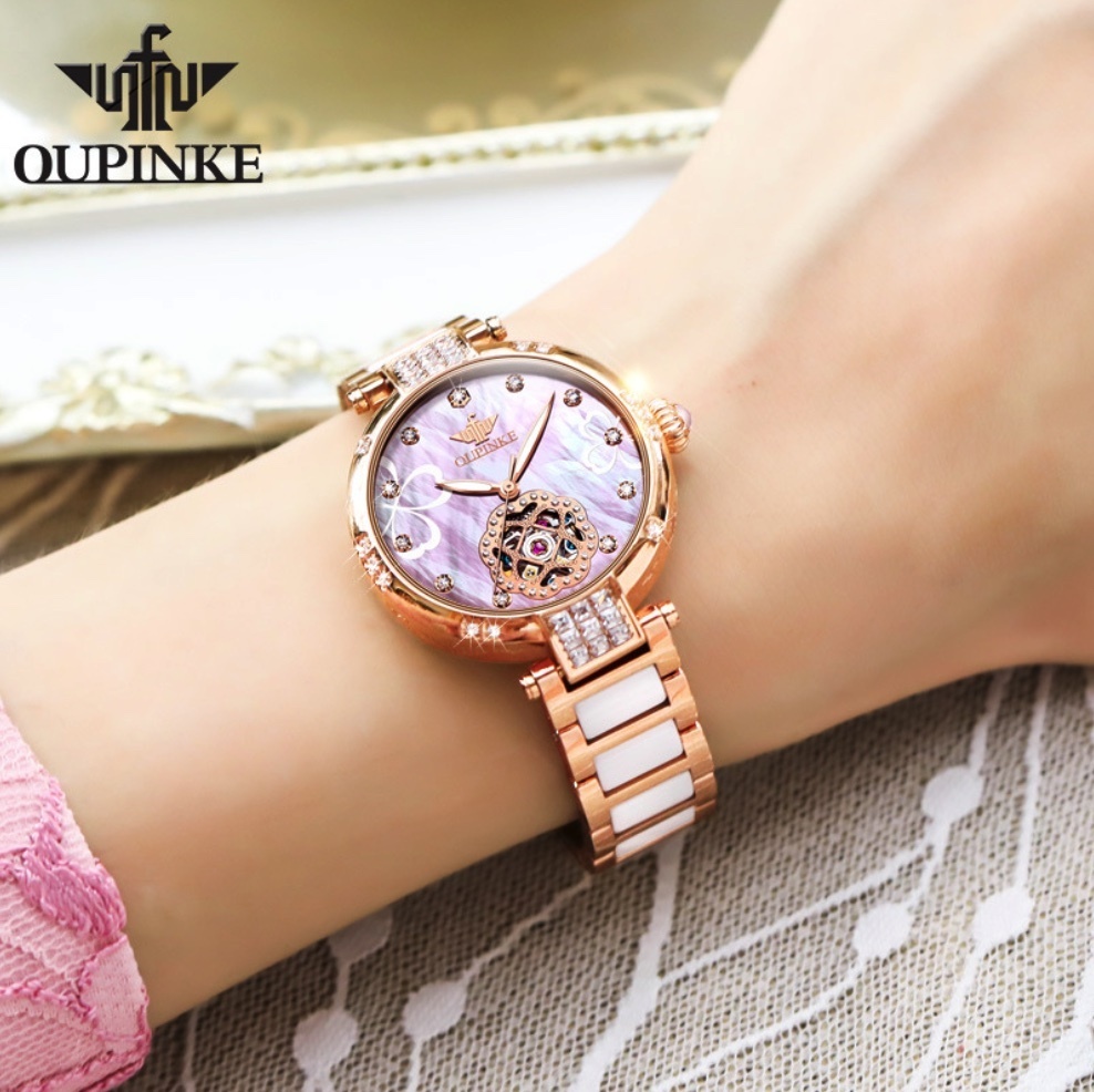 Hot Selling European Pink Simple Temperament Mechanical Watch Women's Watch (Rose Pink Face Between Steel Bands for Women)