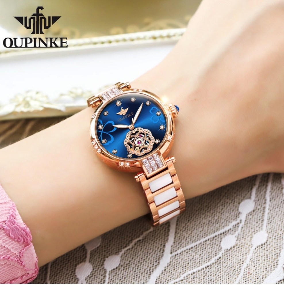 Hot selling Oupinke simple temperament mechanical watch ladies watch (rose blue face between steel straps for women)