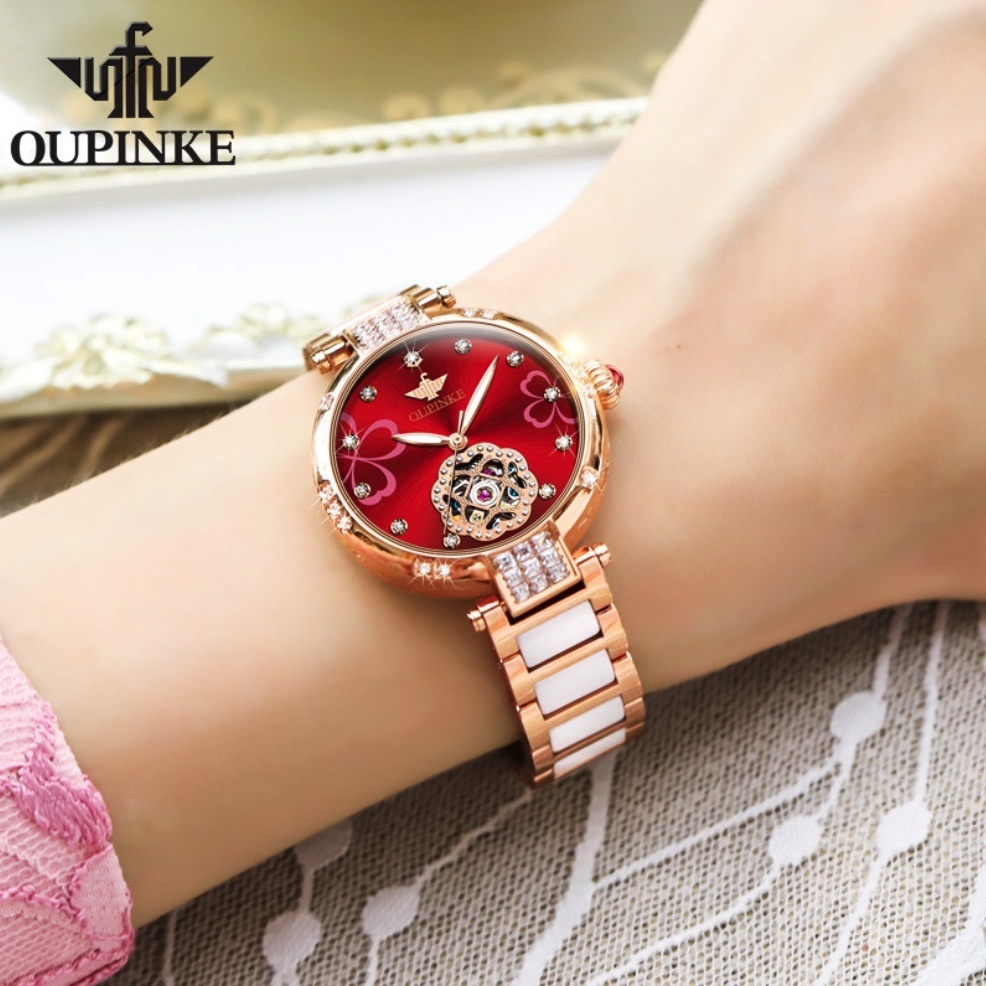 Hot Selling European Pink Simple Temperament Mechanical Watch Women's Watch (Rose Face Between Steel Bands for Women)