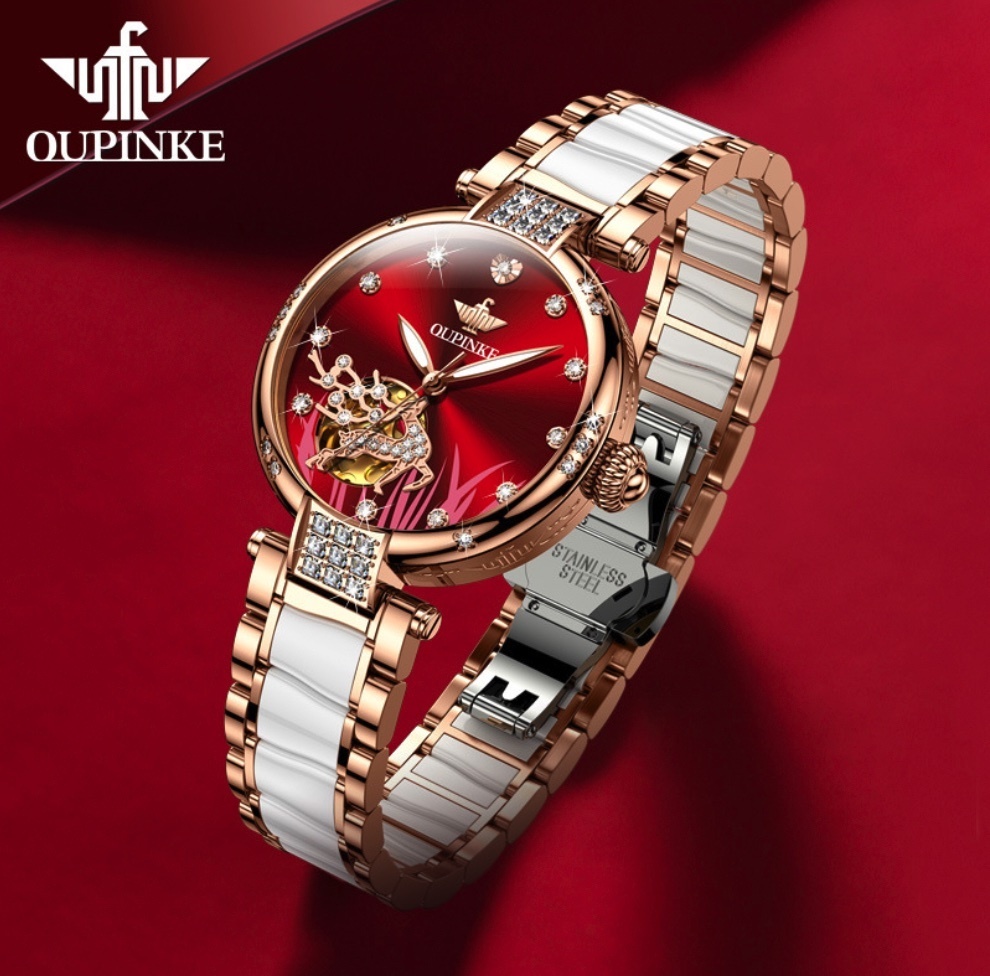 Hot Selling European Pincus Automatic Mechanical Watch Women's Watch (Steel Belt Ceramic Rose Shell Red Face Women's Watch)