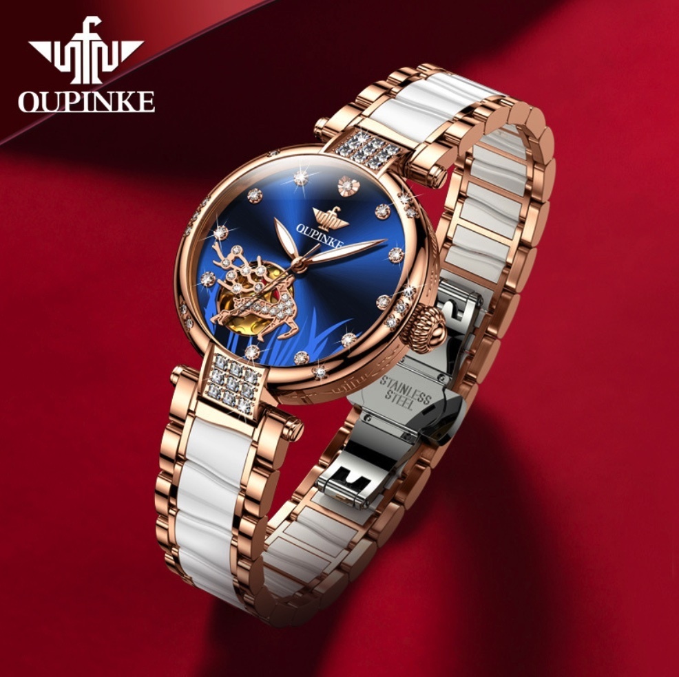 Hot Selling European Pincus Fully Automatic Mechanical Watch Women's Watch (Steel Belt Ceramic Rose Shell Blue Face Women's)
