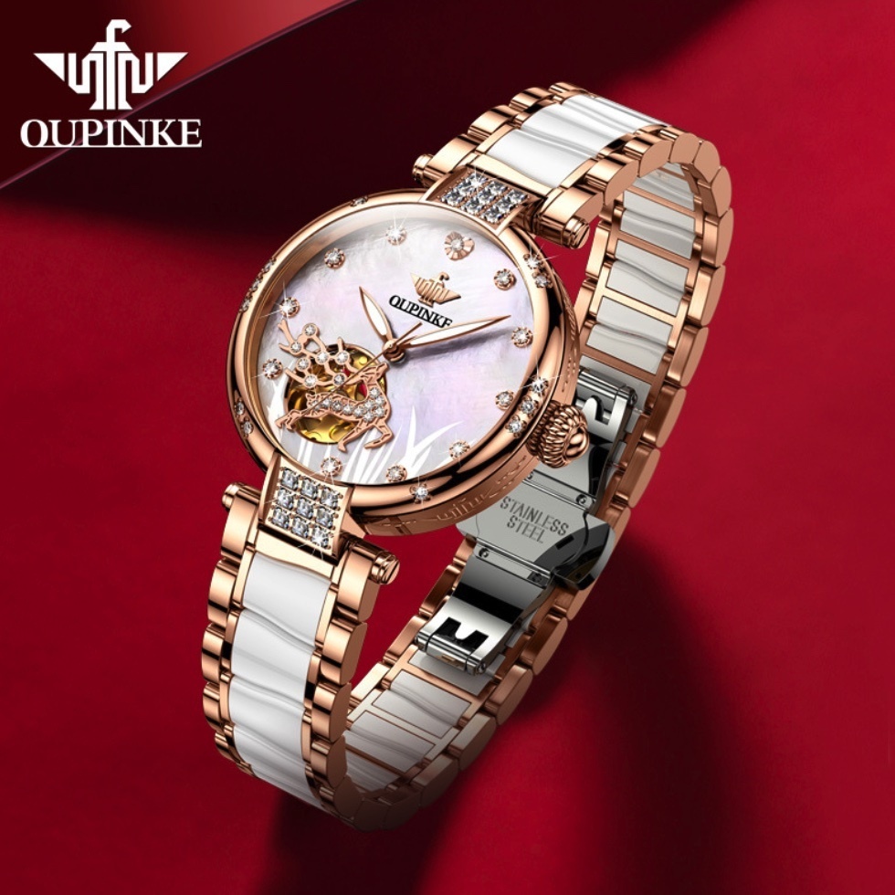 Hot Selling European Pincus Automatic Mechanical Watch Women's Watch (Steel Belt Ceramic Rose Shell Pink Face Women's Watch)