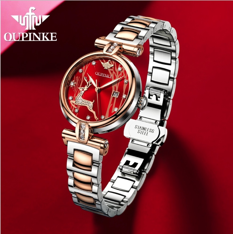 Hot Selling European Pink Fully Automatic Mechanical Watch Women's Watch (Rose Face Between Steel Bands for Women)