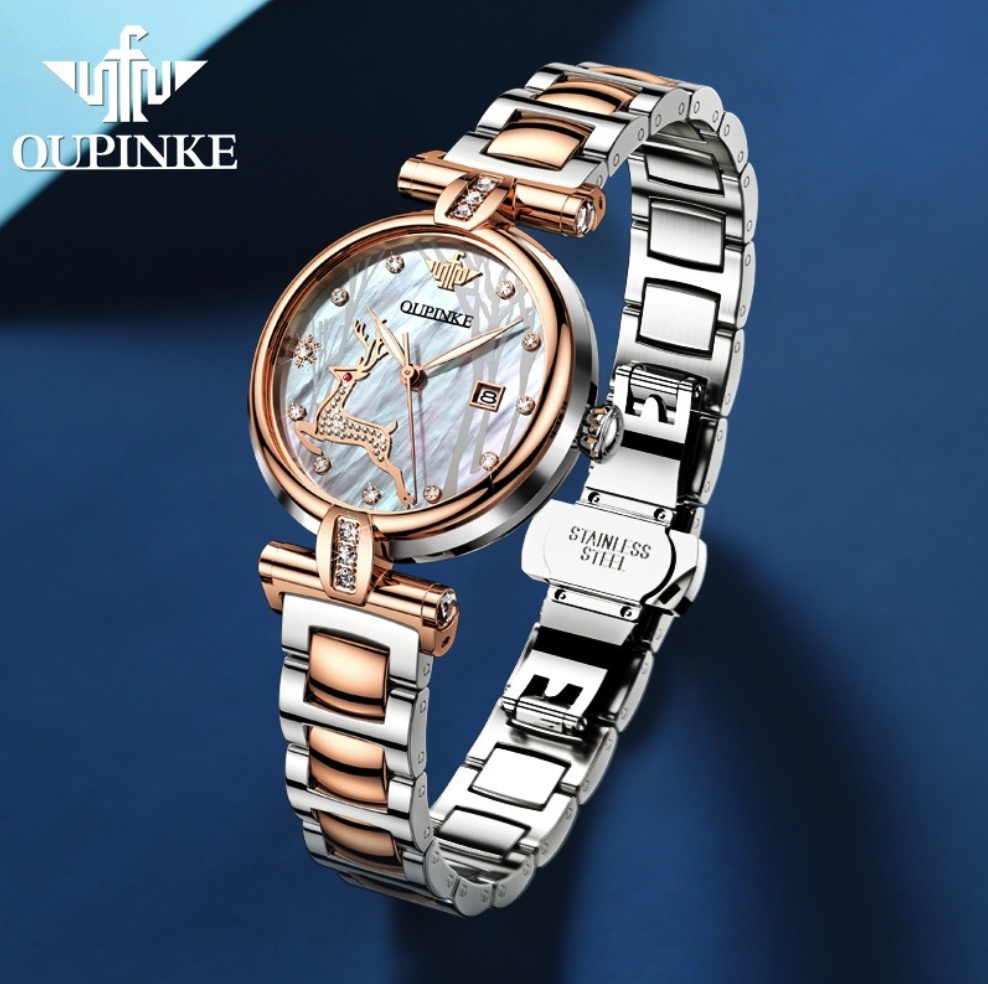 Hot Selling European Pink Fully Automatic Mechanical Watch Women's Watch (Rose White Face Between Steel Bands for Women)
