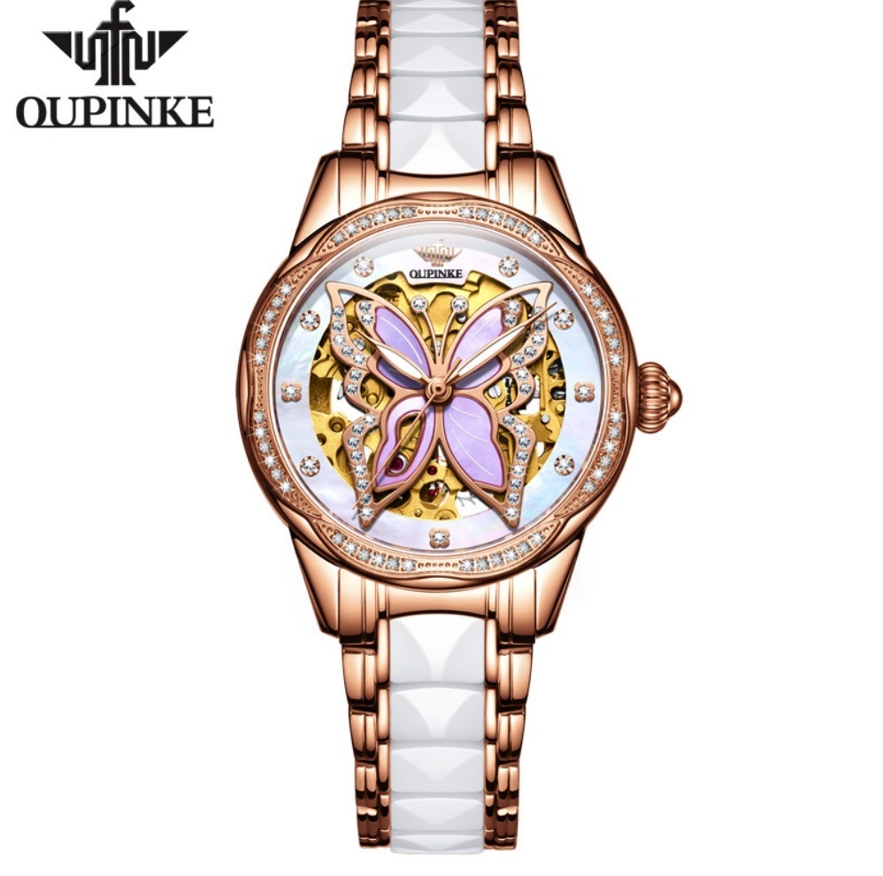 Hot Selling European Pincus Automatic Mechanical Watch Women's Watch (Ceramic Steel Belt Rose Shell White Face Women's Watch)