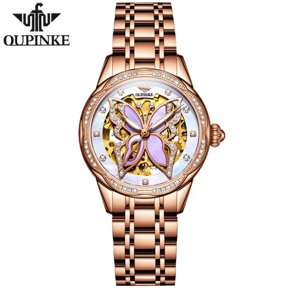 Hot Selling European Pink Fully Automatic Mechanical Watch Women's Watch (Rose Gold Steel Belt Rose Shell White Face Women's)