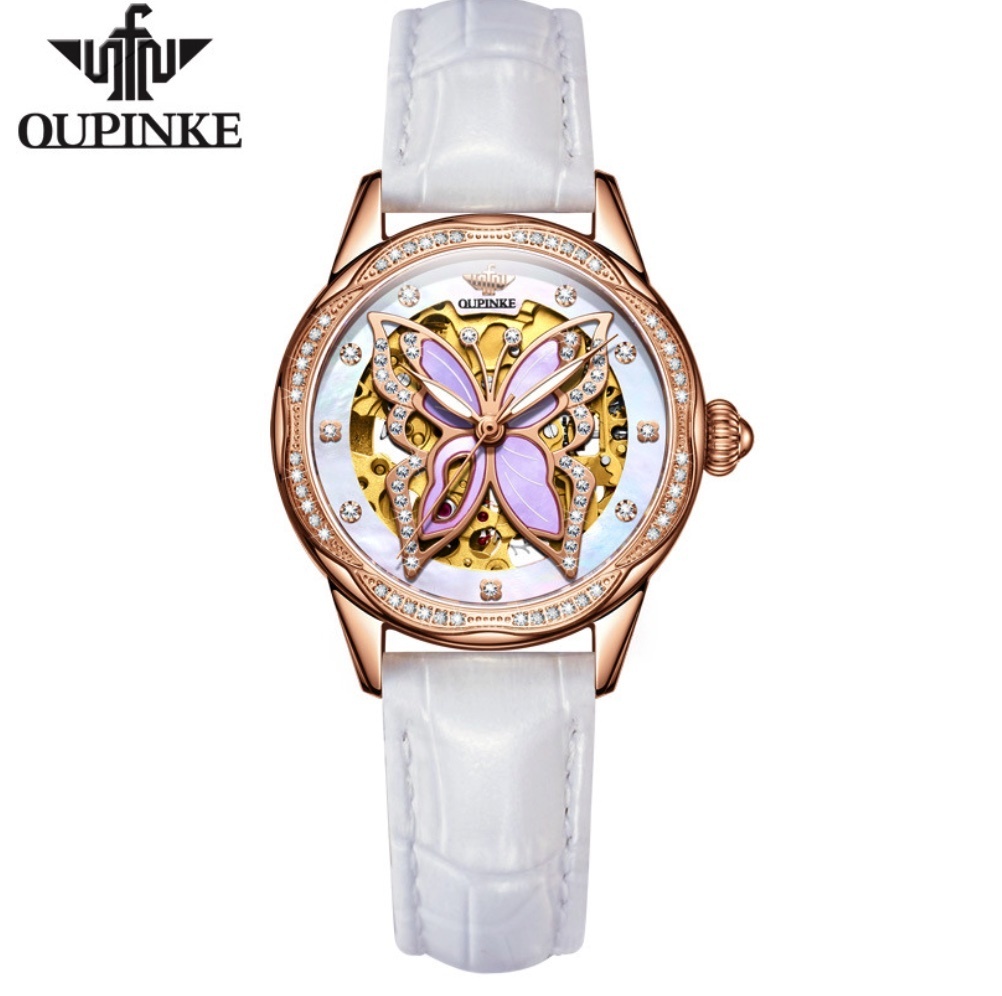 Hot selling European Pincus fully automatic mechanical watch for women (white leather, rose shell and white face for women)
