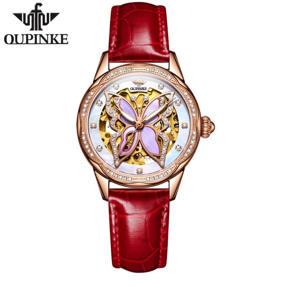 Hot Selling European Pincus Automatic Mechanical Watch Women's Watch (Red Leather Rose Shell White Face Women's Watch)