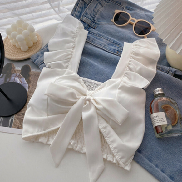 Bow lace-up vest (white) [one size]